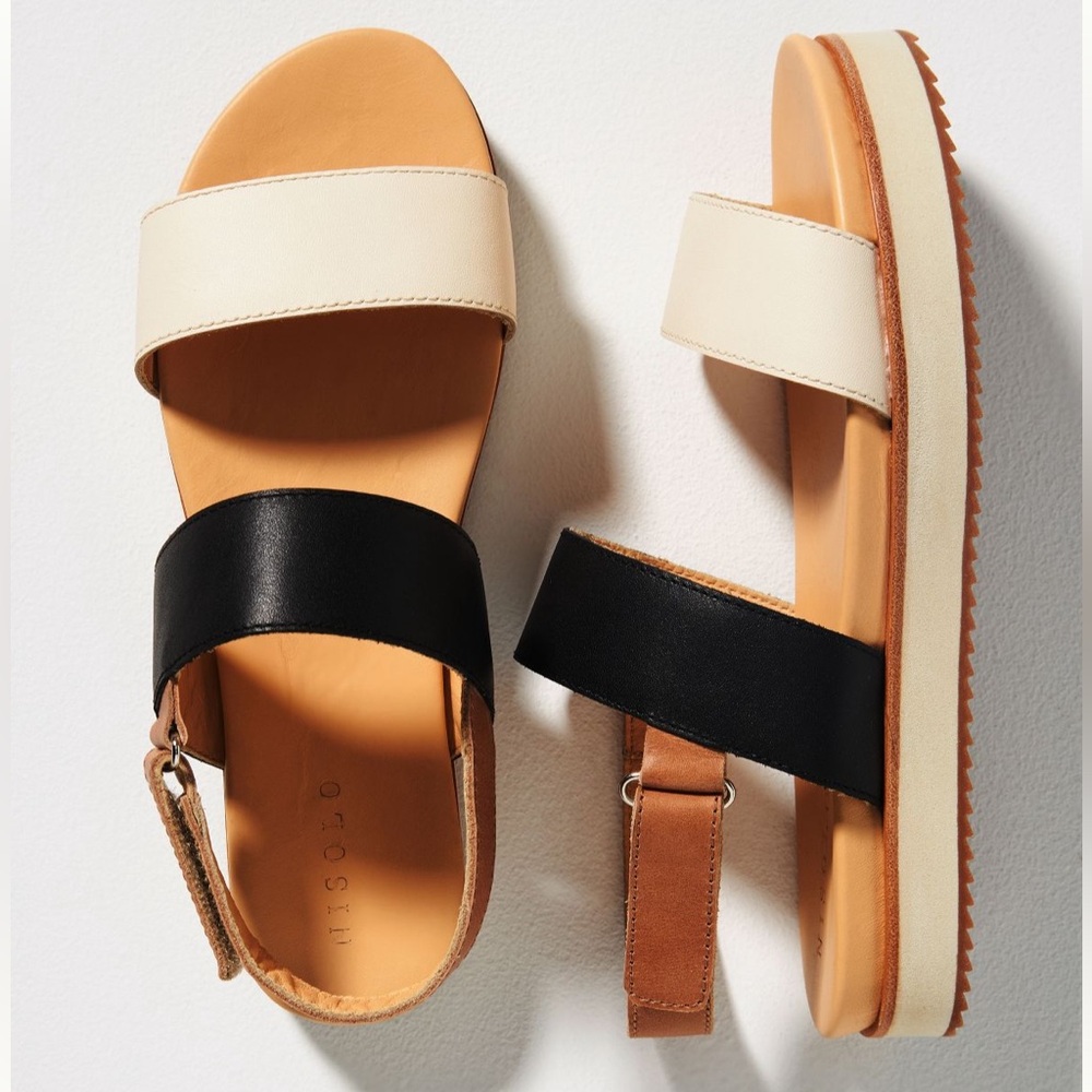 Nisolo Tri-Tone Leather Two-Strap Platform Sandals — Black, Cream & Tan